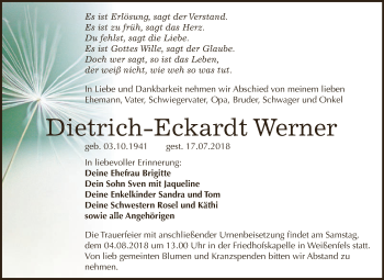 Traueranzeige von Dietrich-Eckardt Werner von WVG - Wochenspiegel NMB / WSF / ZTZ