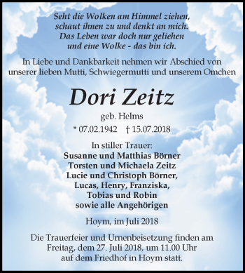 Traueranzeige von Dori Zeitz von Mitteldeutsche Zeitung Aschersleben