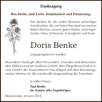 Traueranzeige von Doris Benke von WVG - Wochenspiegel NMB / WSF / ZTZ