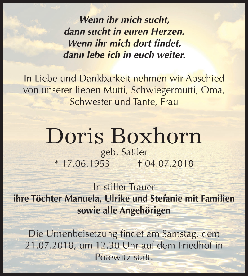  Traueranzeige für Doris Boxhorn vom 14.07.2018 aus Mitteldeutsche Zeitung Zeitz