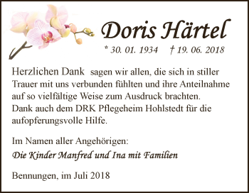 Traueranzeige von Doris Härtel von Super Sonntag SGH Mansf. Land