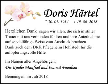 Traueranzeige von Doris Härtel von Mitteldeutsche Zeitung Sangerhausen
