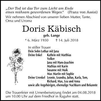 Traueranzeige von Doris Käbisch von WVG - Wochenspiegel Bitterfeld
