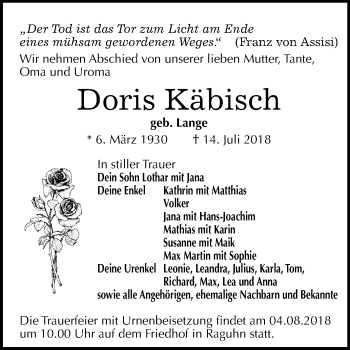 Traueranzeige von Doris Käbisch von Mitteldeutsche Zeitung Bitterfeld