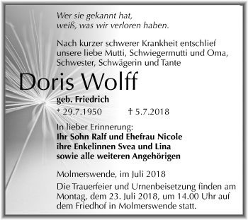 Traueranzeige von Doris Wolff von Mitteldeutsche Zeitung