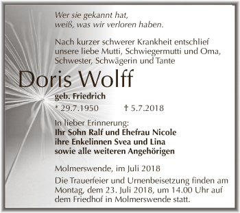 Traueranzeige von Doris Wolff von Super Sonntag SGH Mansf. Land