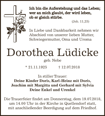 Traueranzeige von Dorothea Lüdicke von WVG - Wochenspiegel Dessau / Köthen