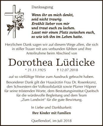 Traueranzeige von Dorothea Lüdicke von WVG - Wochenspiegel Dessau / Köthen