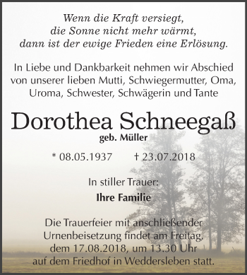 Traueranzeige von Dorothea Schneegaß von Mitteldeutsche Zeitung