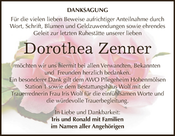 Traueranzeige von Dorothea Zenner von WVG - Wochenspiegel NMB / WSF / ZTZ