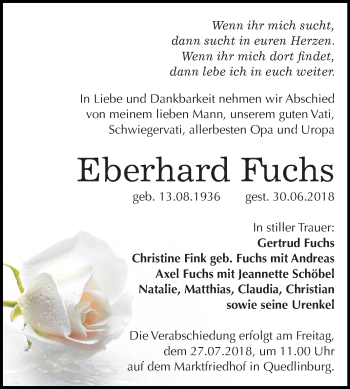 Traueranzeige von Eberhard Fuchs von Mitteldeutsche Zeitung Quedlinburg