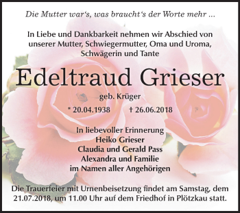 Traueranzeige von Edeltraud Grieser von Mitteldeutsche Zeitung Bernburg