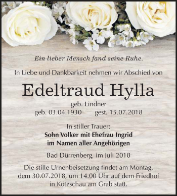 Traueranzeige von Edeltraud Hylla von Mitteldeutsche Zeitung Merseburg/Querfurt