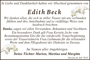 Traueranzeige von Edith Beck von WVG - Wochenspiegel Dessau / Köthen