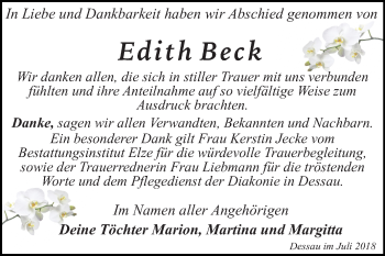 Traueranzeige von Edith Beck von Mitteldeutsche Zeitung Dessau-Roßlau