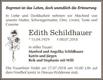 Traueranzeige von Edith Schildhauer von WVG - Wochenspiegel Dessau / Köthen