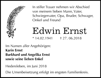 Traueranzeige von Edwin Ernst von Mitteldeutsche Zeitung Quedlinburg