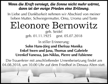 Traueranzeige von Eleonore Bernowitz von Mitteldeutsche Zeitung Dessau-Roßlau