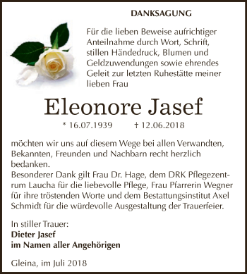 Traueranzeige von Eleonore Jasef von WVG - Wochenspiegel NMB / WSF / ZTZ