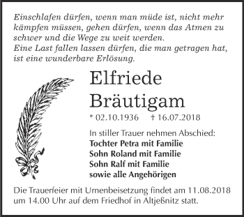 Traueranzeige von Elfriede Bräutigam von WVG - Wochenspiegel Bitterfeld