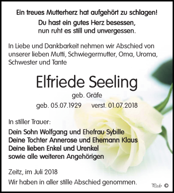 Traueranzeige von Elfriede Seeling von Mitteldeutsche Zeitung Zeitz