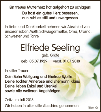 Traueranzeige von Elfriede Seeling von Super Sonntag Zeitz