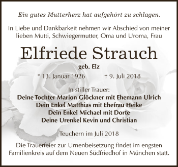 Traueranzeige von Elfriede Strauch von WVG - Wochenspiegel NMB / WSF / ZTZ