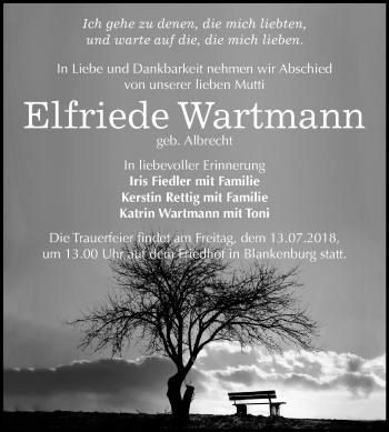 Traueranzeige von Elfriede Wartmann von Mitteldeutsche Zeitung Bernburg