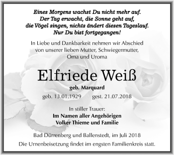 Traueranzeige von Elfriede Weiß von Mitteldeutsche Zeitung Quedlinburg