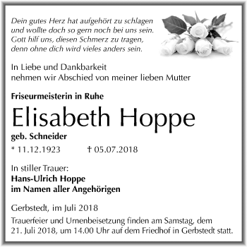 Traueranzeige von Elisabeth Hoppe von Mitteldeutsche Zeitung