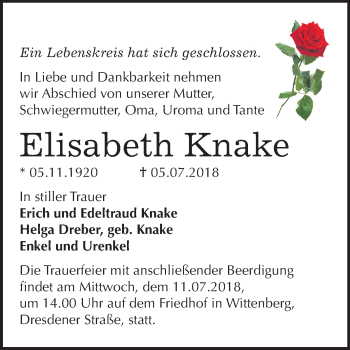 Traueranzeige von Elisabeth Knake von Mitteldeutsche Zeitung