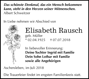 Traueranzeige von Elisabeth Rausch von Mitteldeutsche Zeitung Aschersleben