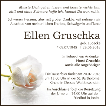 Traueranzeige von Ellen Gruschka von WVG - Wochenspiegel Dessau / Köthen
