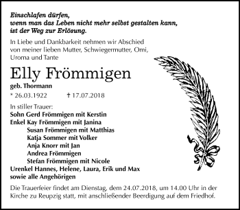Traueranzeige von Elly Frömmigen von Mitteldeutsche Zeitung