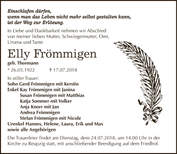 Traueranzeige von Elly Frömmigen von WVG - Wochenspiegel Dessau / Köthen