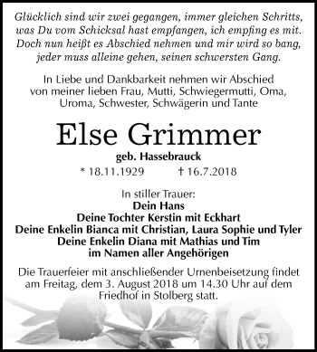 Traueranzeige von Else Grimmer von Mitteldeutsche Zeitung Sangerhausen