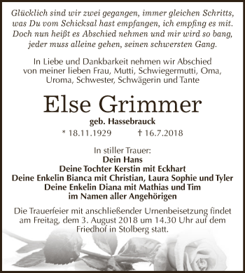 Traueranzeige von Else Grimmer von Super Sonntag SGH Mansf. Land