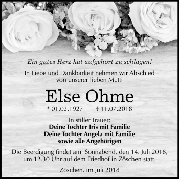 Traueranzeige von Else Ohme von Mitteldeutsche Zeitung Merseburg/Querfurt