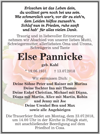 Traueranzeige von Else Pannicke von Mitteldeutsche Zeitung Köthen