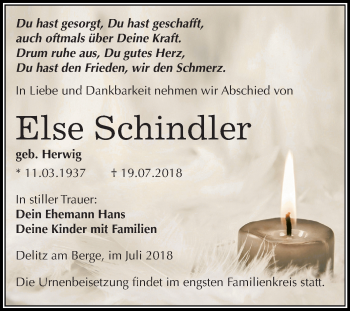 Traueranzeige von Else Schindler von Mitteldeutsche Zeitung Merseburg/Querfurt