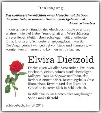 Traueranzeige von Elvira Dietzold von Mitteldeutsche Zeitung Merseburg/Querfurt