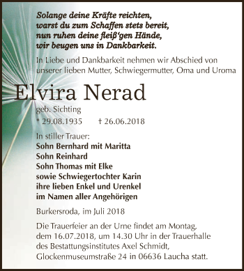 Traueranzeige von Elvira Nerad von WVG - Wochenspiegel NMB / WSF / ZTZ