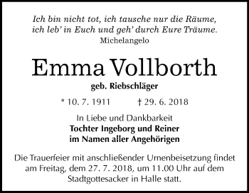 Traueranzeige von Emma Vollborth von Mitteldeutsche Zeitung Halle/Saalkreis