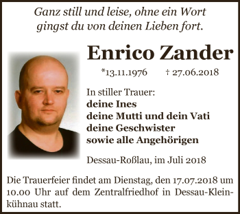 Traueranzeige von Enrico Zander von WVG - Wochenspiegel Dessau / Köthen
