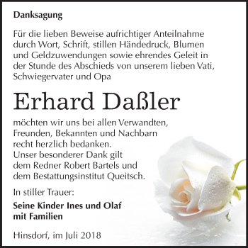 Traueranzeige von Erhard Daßler von Mitteldeutsche Zeitung Köthen