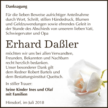 Traueranzeige von Erhard Daßler von WVG - Wochenspiegel Dessau / Köthen