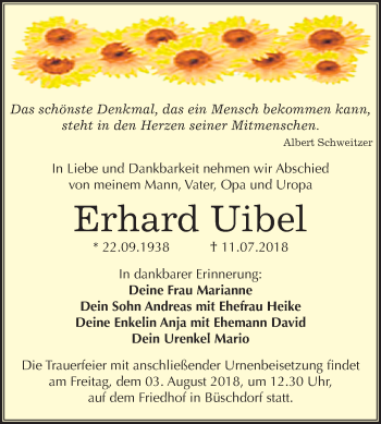 Traueranzeige von Erhard Uibel von Mitteldeutsche Zeitung Halle/Saalkreis