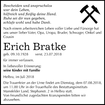 Traueranzeige von Erich Bratke von Mitteldeutsche Zeitung