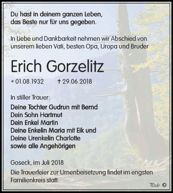 Traueranzeige von Erich Gorzelitz von Mitteldeutsche Zeitung Weißenfels