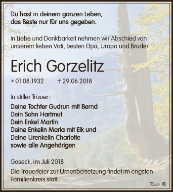 Traueranzeige von Erich Gorzelitz von WVG - Wochenspiegel NMB / WSF / ZTZ